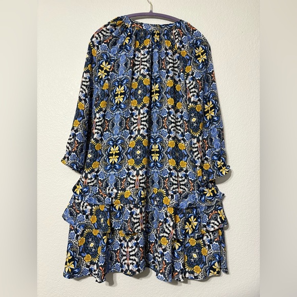 LOFT Long Sleeve Ruffled Drop Wsist Shift Dress. Navy with Yellow Floral Print - Picture 4 of 14